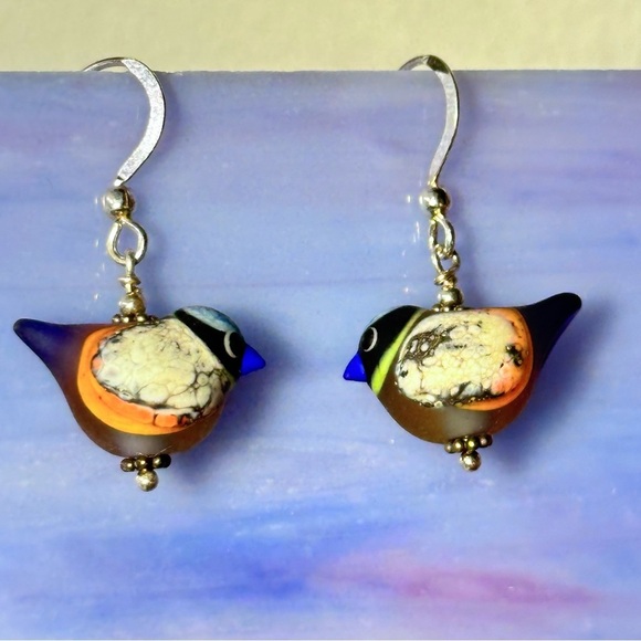 Handcrafted Glass Enamel Bird Earrings – Artisan Dangle Hand Painted 925 Silver - Picture 8 of 11